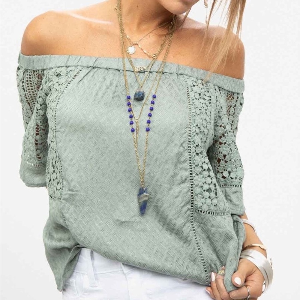 Love Stitch | Sage green off shoulder crochet top
